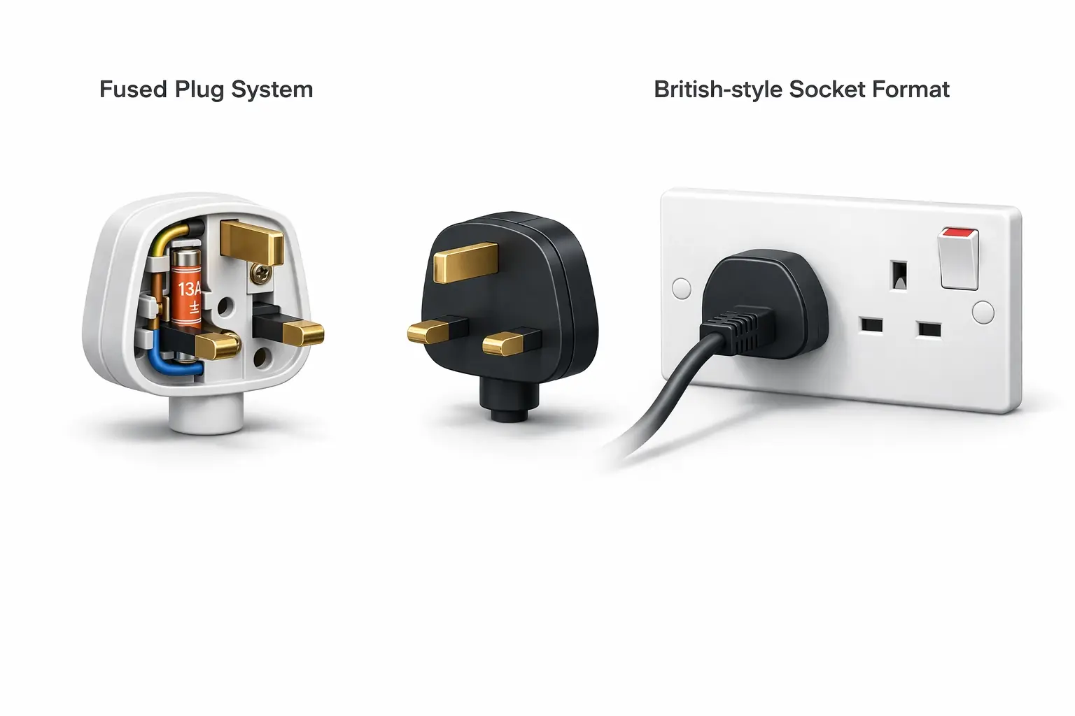 BS1363 plug and socket system compatibility illustration