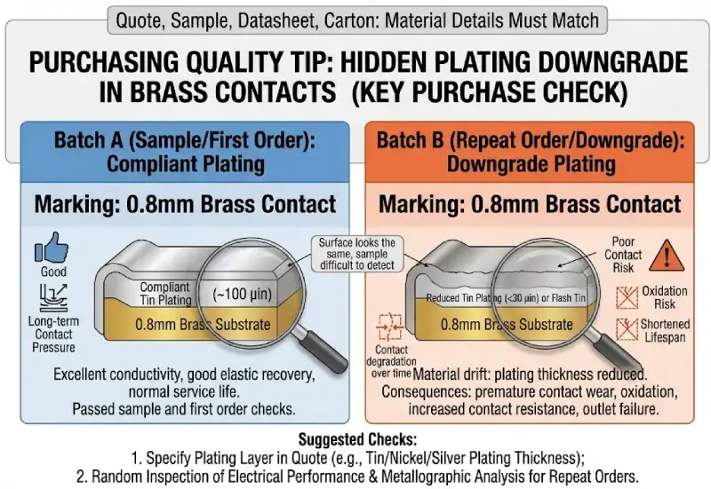 hidden plating drift in electrical outlet brass contacts