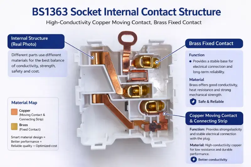 BS1363 socket internal contact structure showing copper moving contact and brass fixed contact