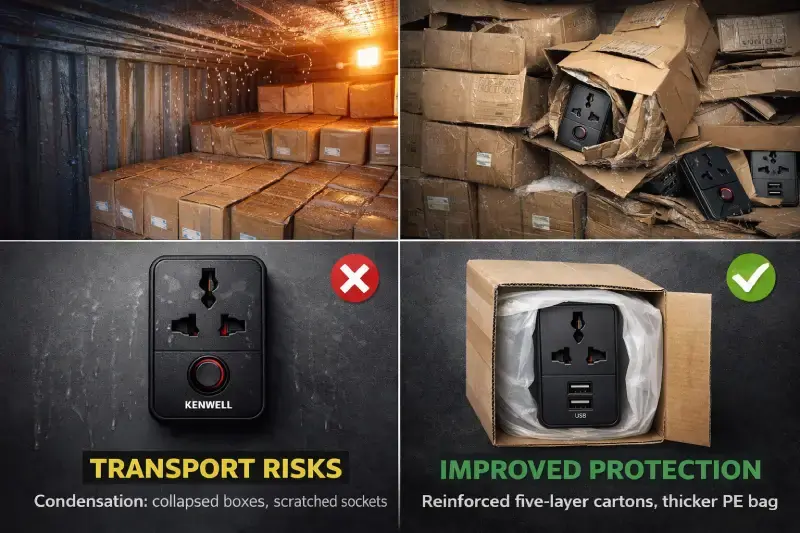 BS1363 socket export packing damage from container condensation and improved carton protection