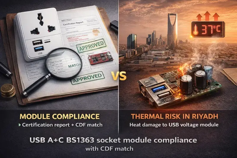 USB A+C BS1363 socket module compliance check with CDF match and thermal risk in Riyadh
