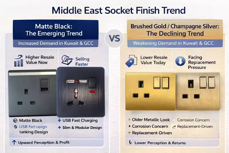 Middle East socket finish trend showing matte black versus brushed gold and champagne silver