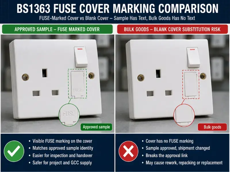 BS1363 fuse marked cover compared with blank cover