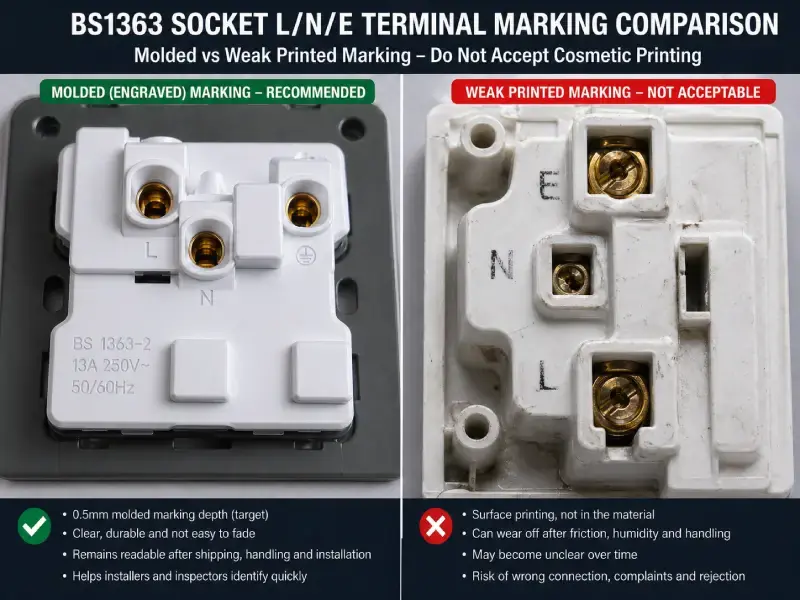 molded L N E terminal marking on BS1363 socket base body