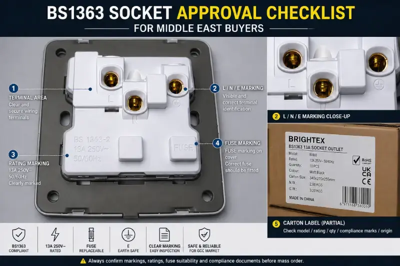 BS1363 approval checklist showing terminal marking and fuse marking for Middle East buyers