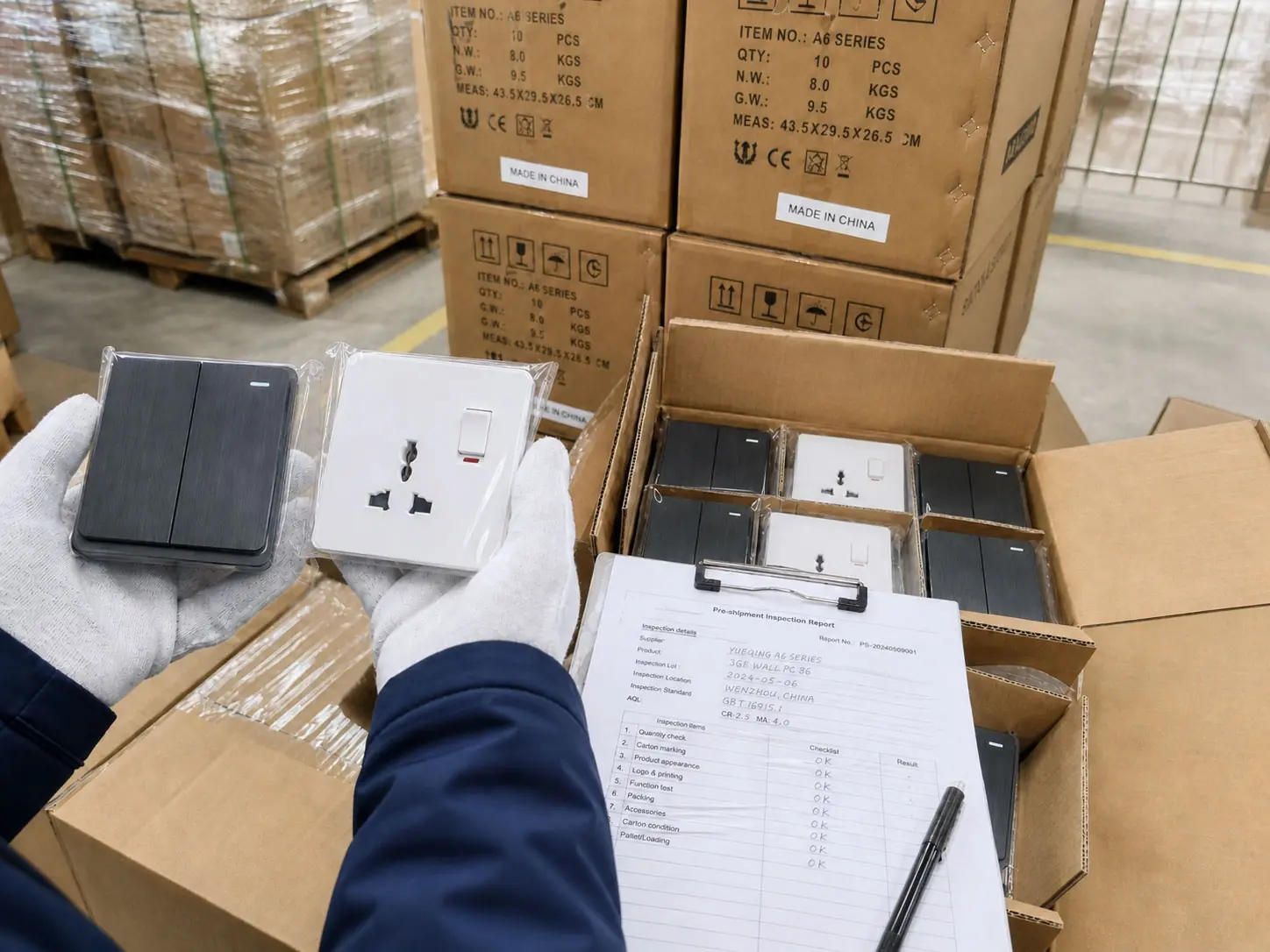 Pre-shipment packaging inspection for switch and socket orders