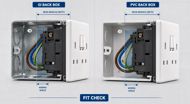 BS wall socket rear module depth and back box fit check for repeat orders