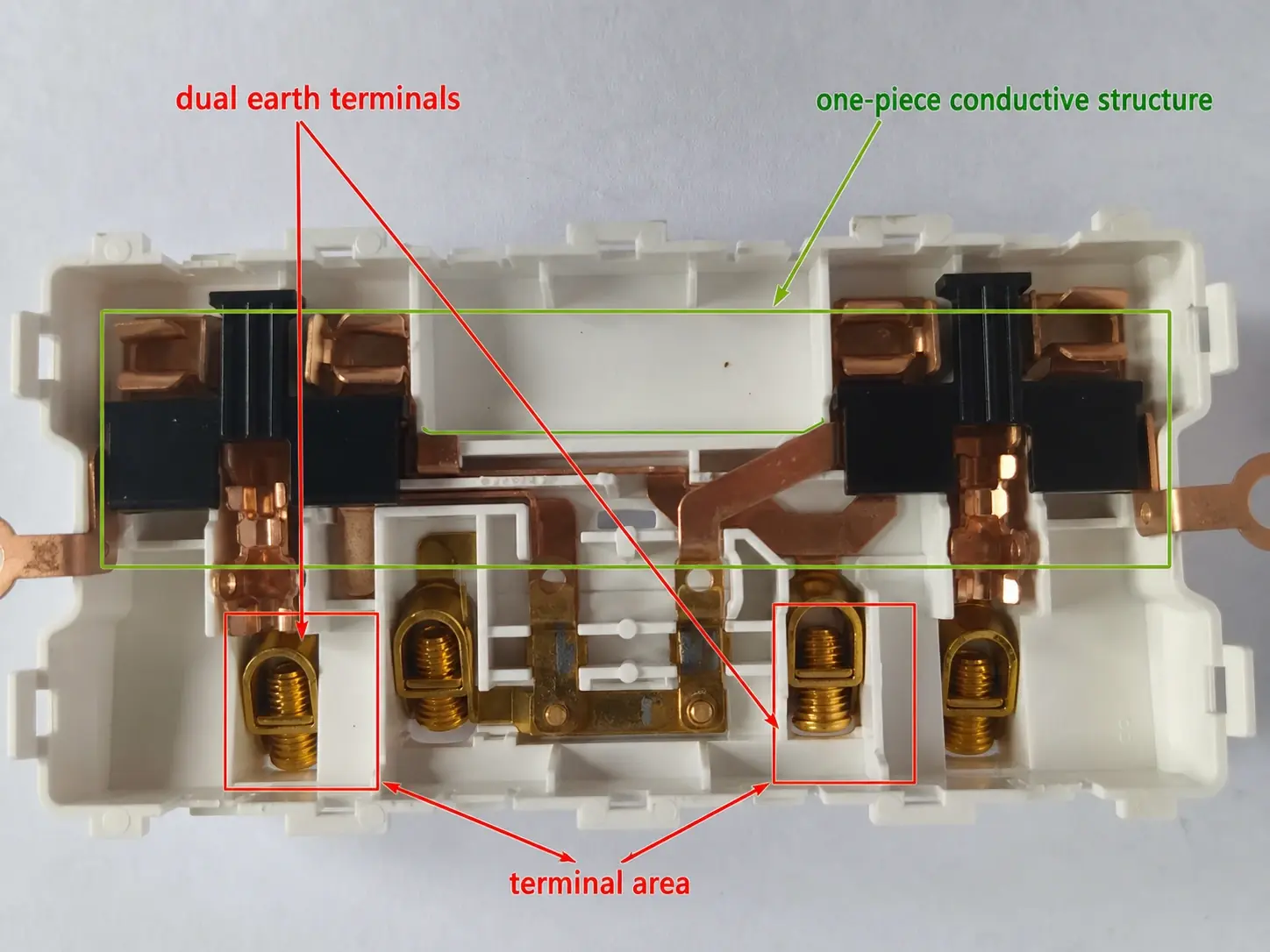 BS1363 double socket back view with dual earth terminals