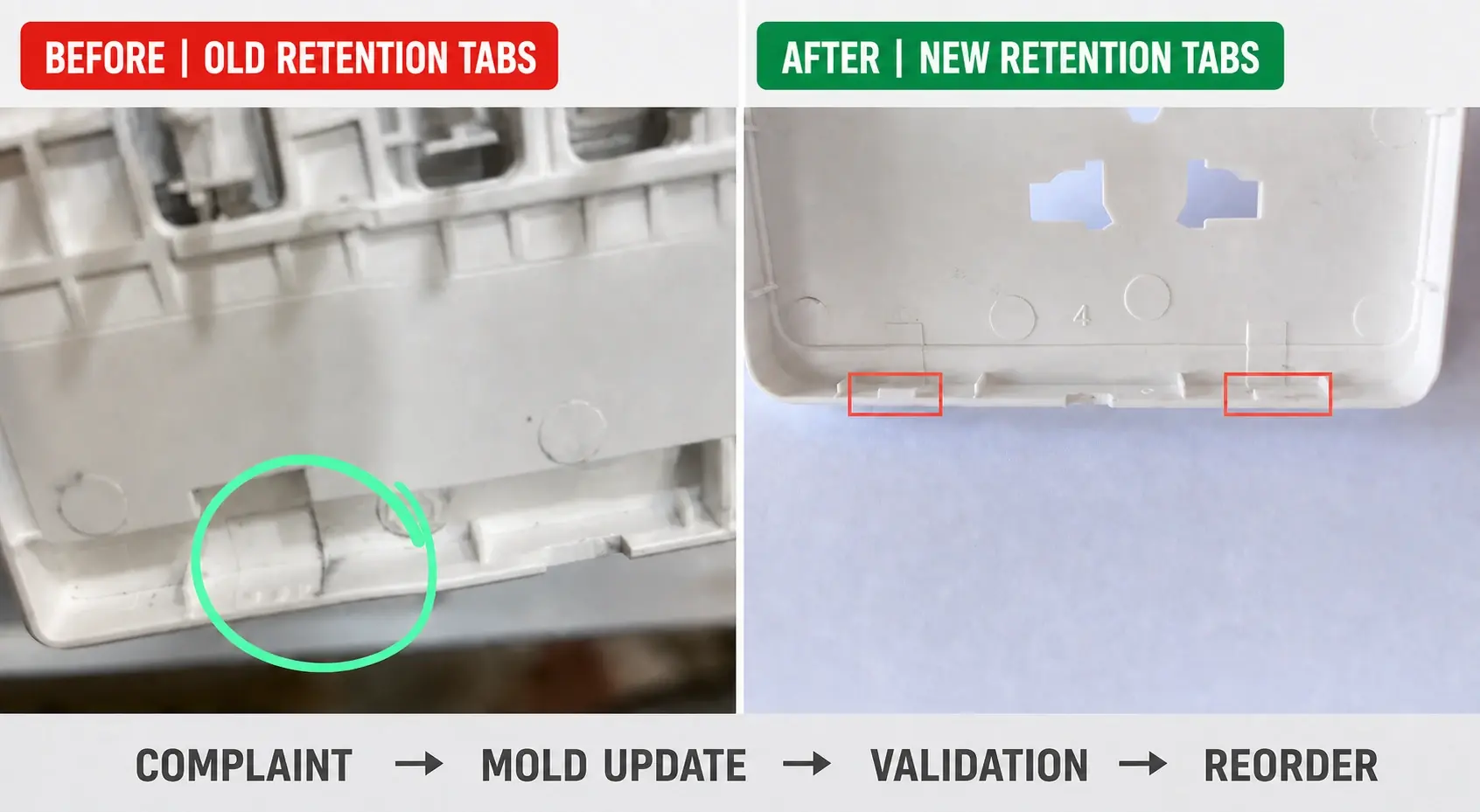 V12 faceplate retention before and after mold update