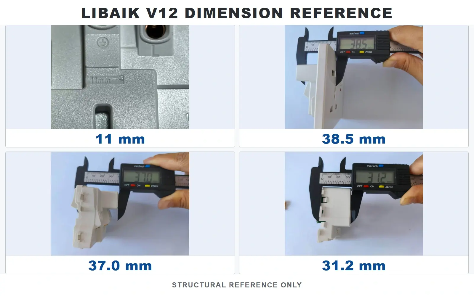 LIBAIK V12 dimension reference showing 38.5 mm, 37.0 mm, 31.2 mm, and 11 mm