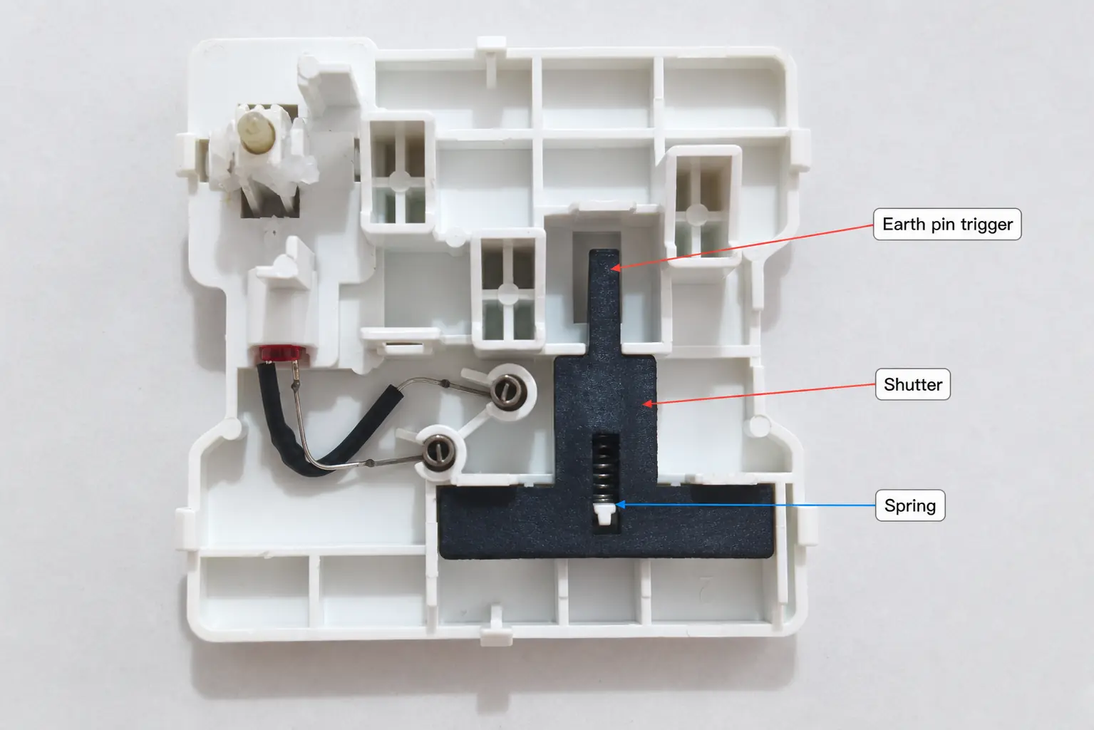 Close-up of the shutter mechanism inside a BS 1363-style socket outlet