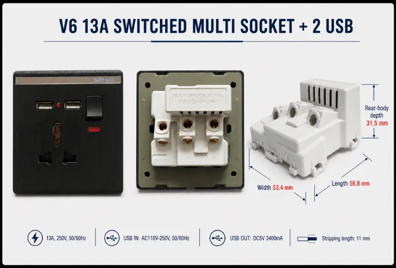 LIBAIK V6 13A USB socket dimensions and RFQ specifications