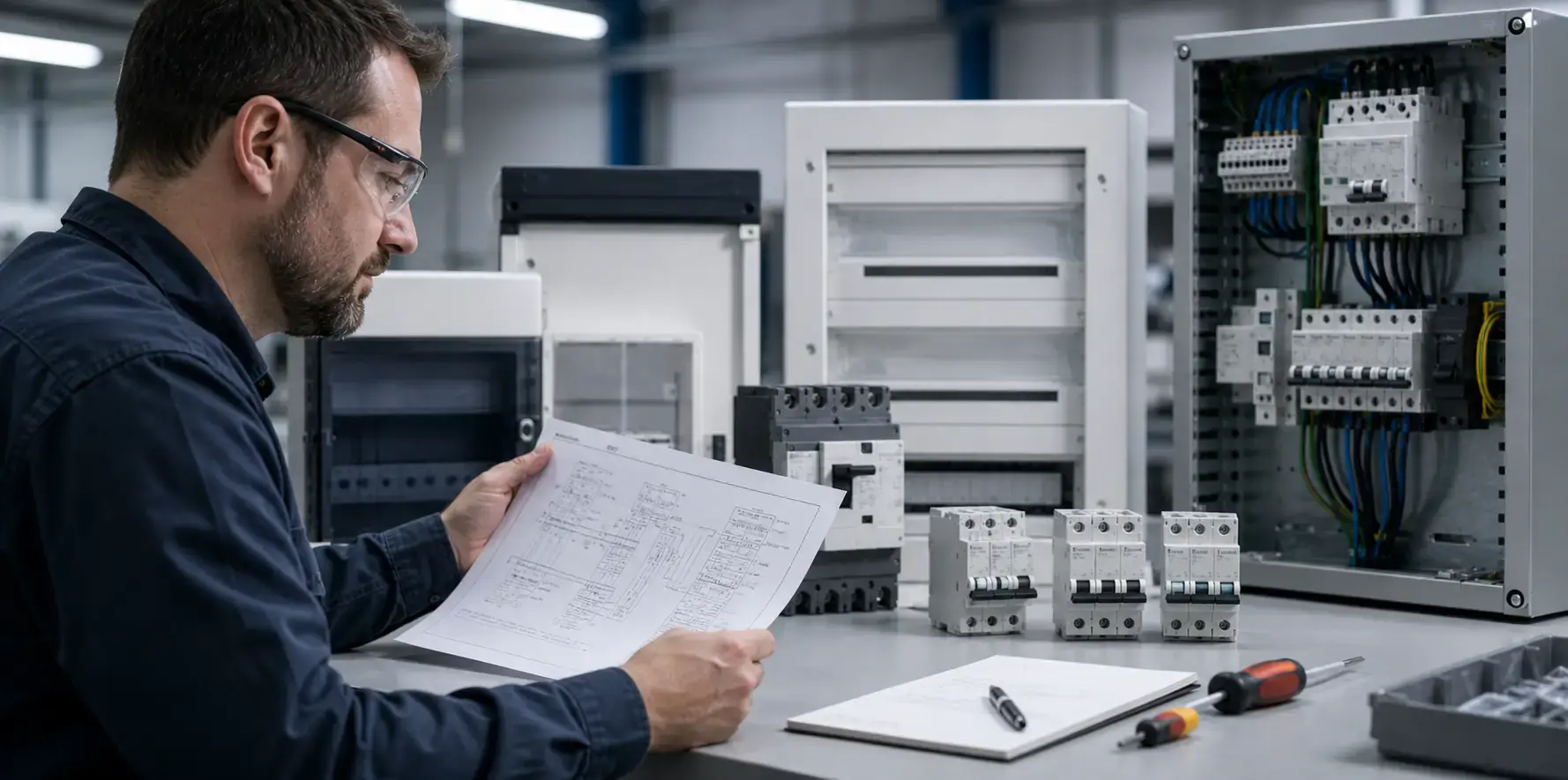 Electrical contractor reviewing low-voltage breaker specifications and installation compatibility