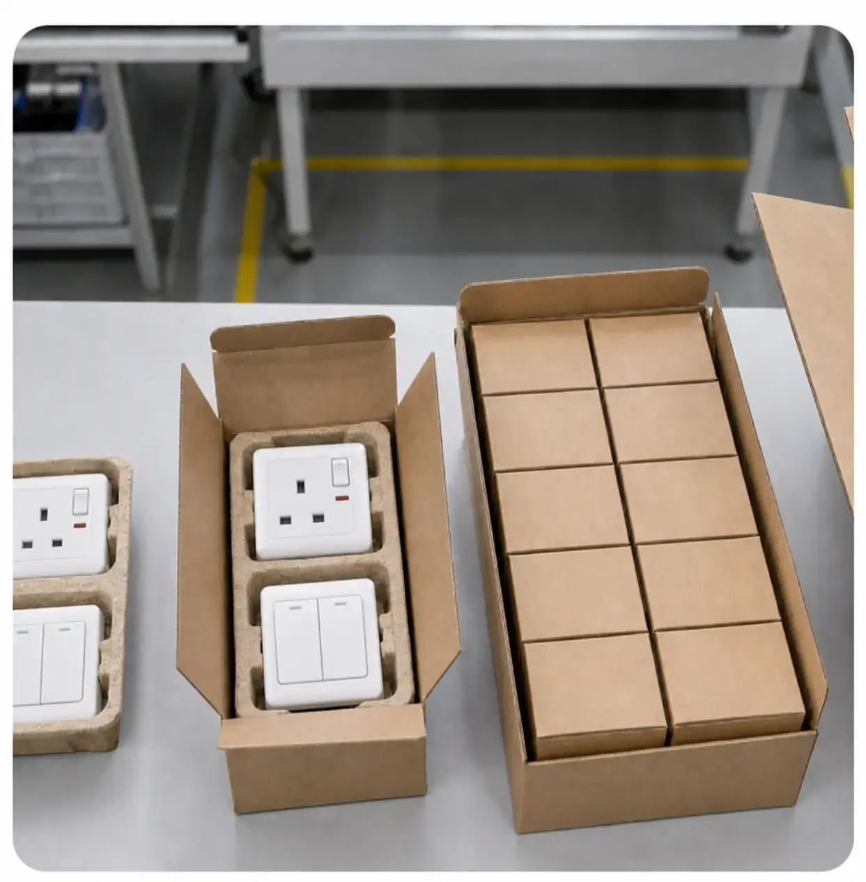 Switched UK socket outlets and double rocker switches arranged in layered cardboard packaging