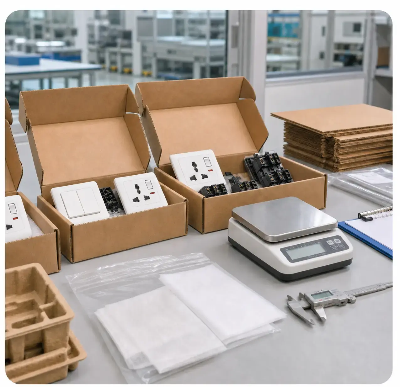 Universal socket outlets and a double rocker switch undergoing packaging quality inspection