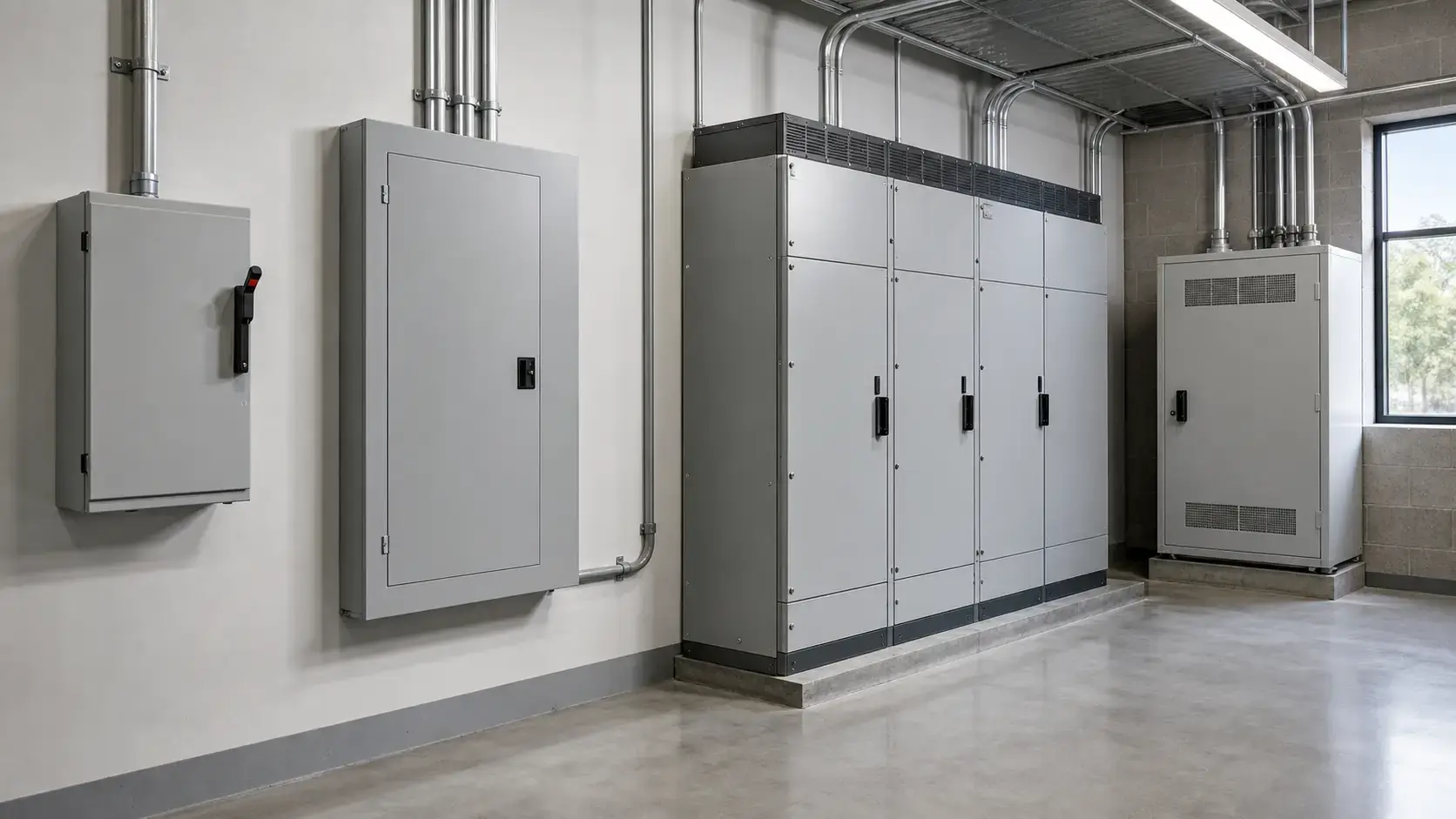 Unbranded low-voltage distribution equipment in a clean commercial electrical room