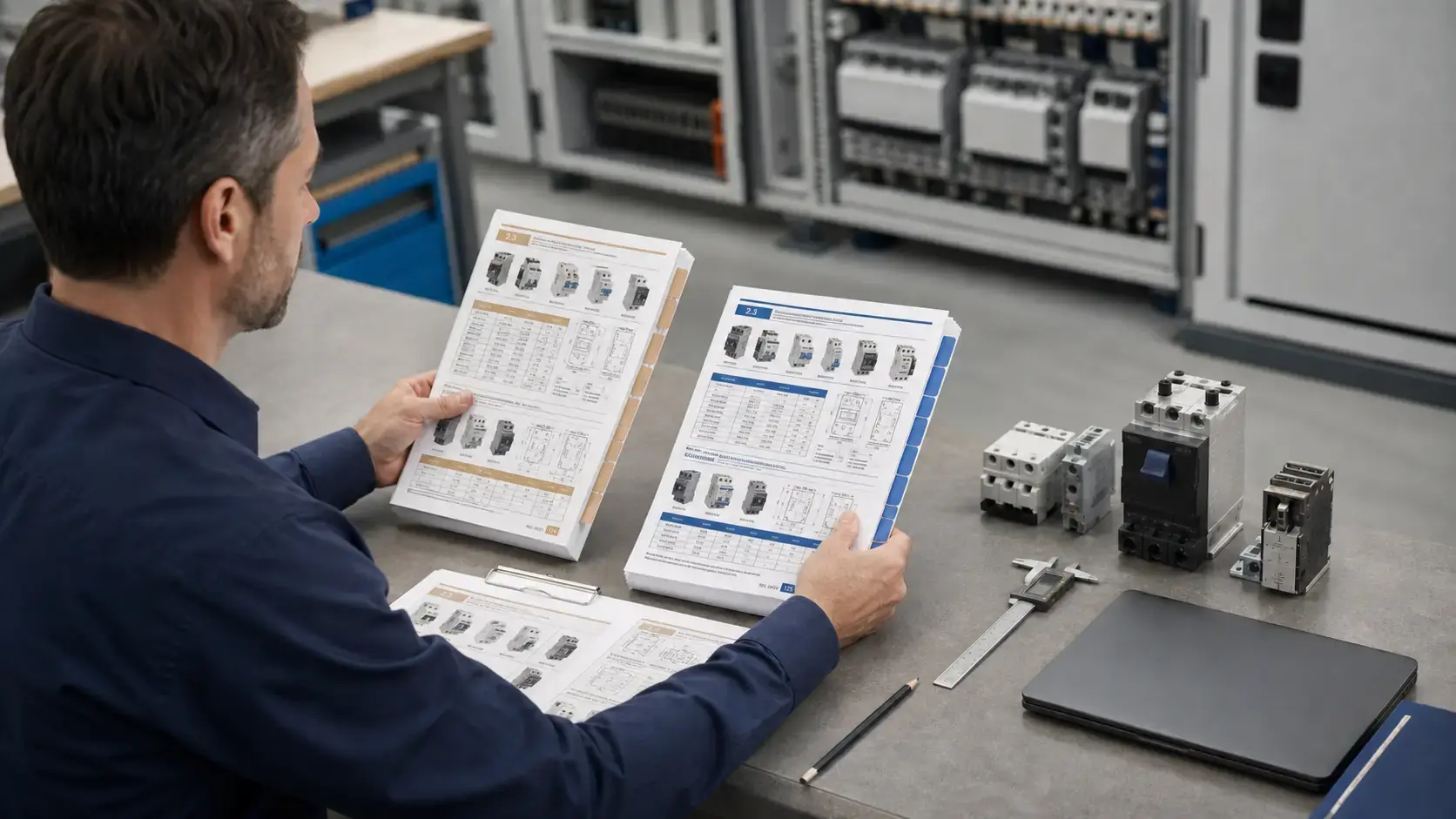 Electrical engineer comparing older and updated low-voltage product catalog editions