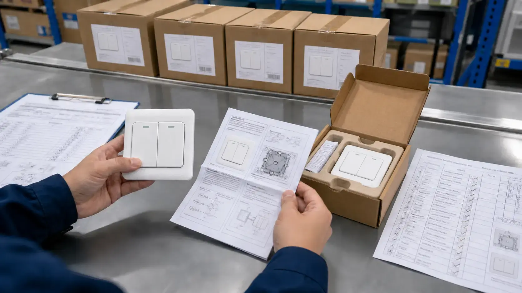 Quality inspector checking a double rocker wall switch packed in a molded paper tray with instructions