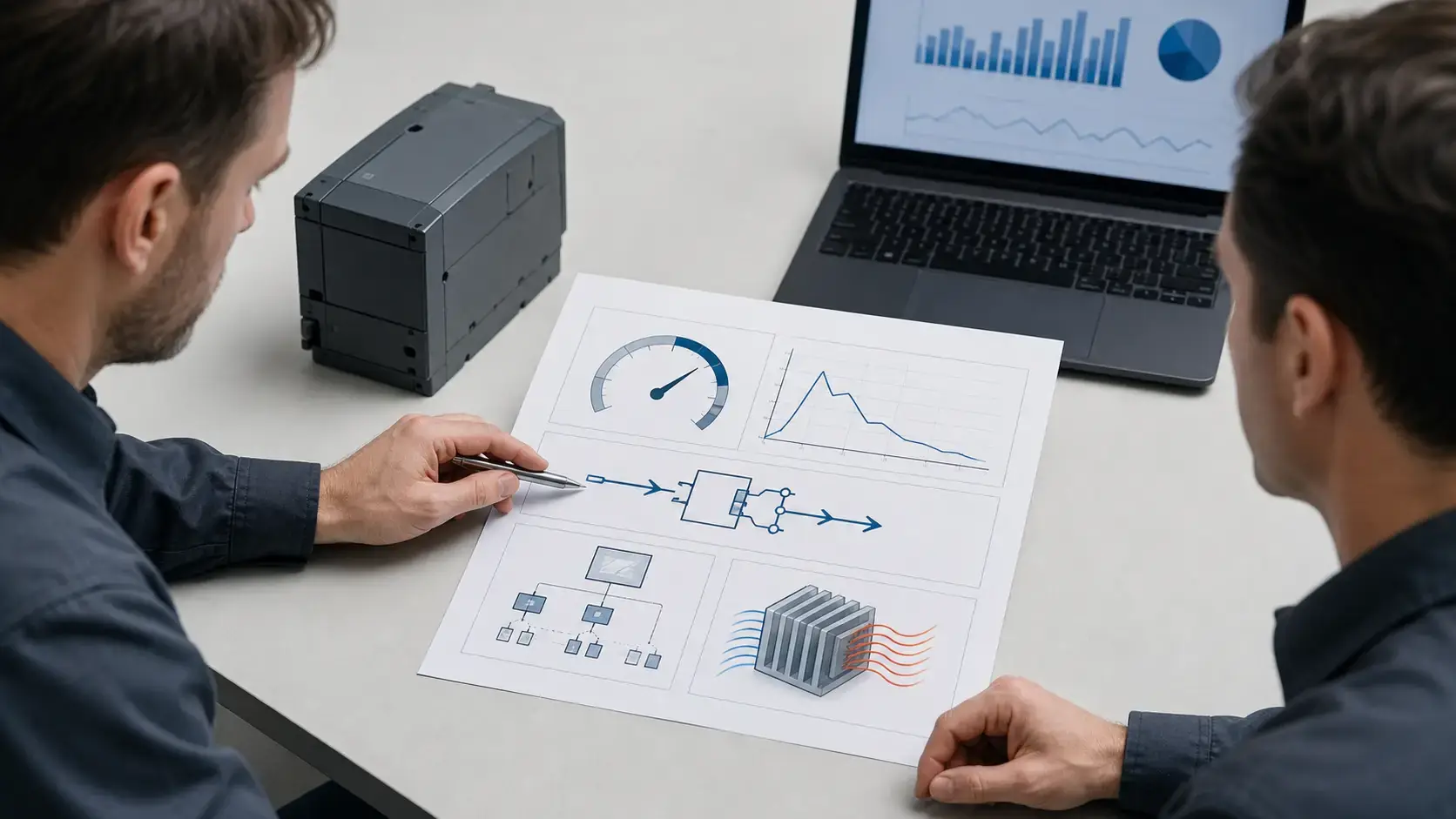 Engineers reviewing DC protection performance, communications and thermal management requirements