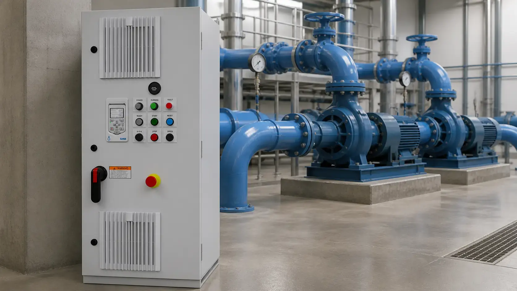 ACQ580-3P packaged drive cabinet installed in a water treatment pumping facility