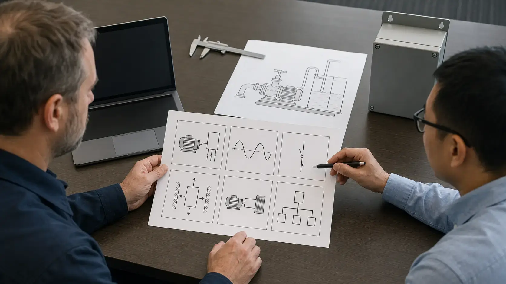 Engineers reviewing harmonic performance, SCCR, enclosure and pump control requirements for a packaged drive