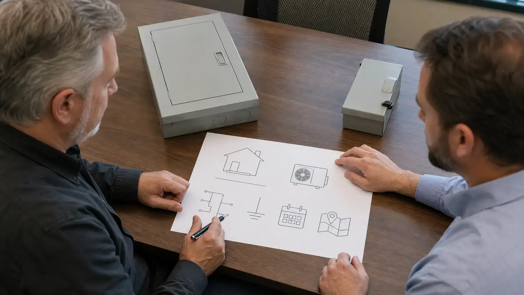 Electrical contractor and HVAC engineer reviewing NEC GFCI requirements for outdoor HVAC equipment