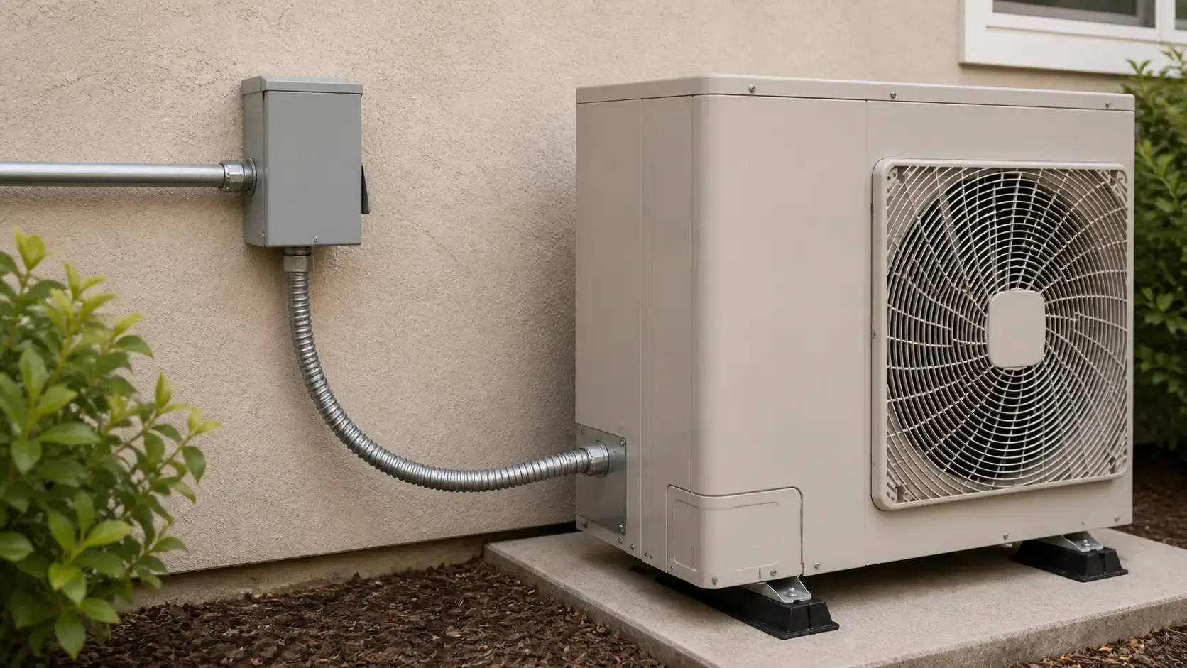 Outdoor HVAC condenser hard-wired through a closed weatherproof disconnect