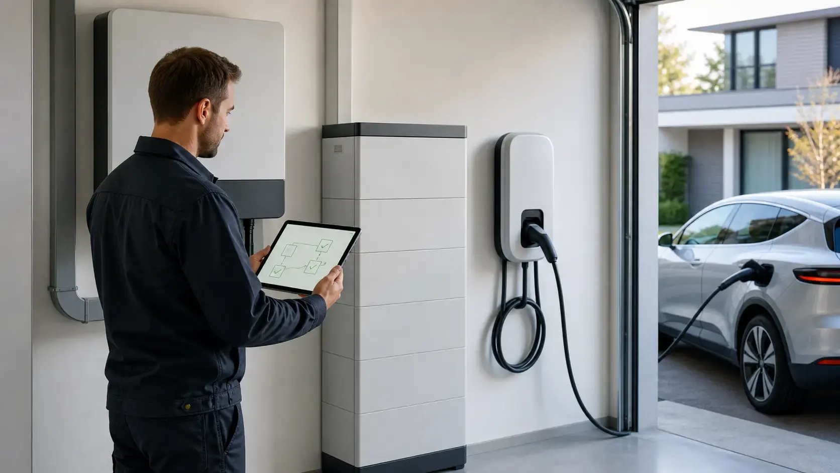 Electrical installer reviewing solar battery storage and EV charging system configuration