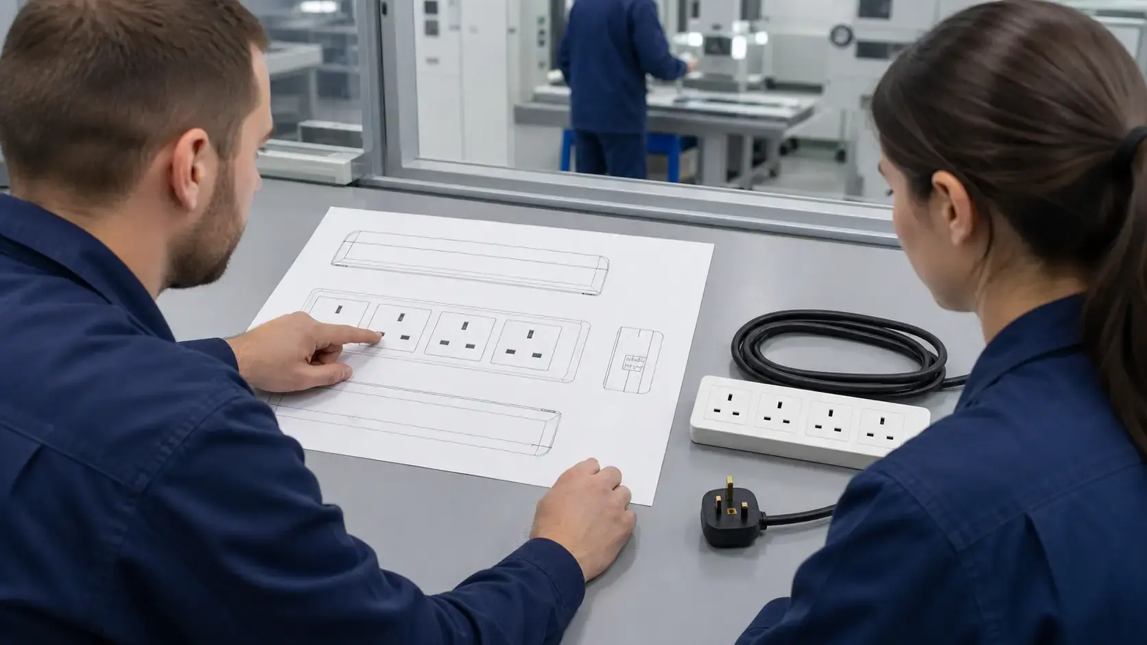 Quality engineers reviewing a four-socket UK extension lead and production-control drawings