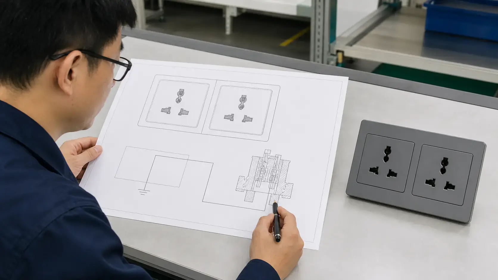 Quality engineer checking universal wall socket dimensions earthing and termination controls