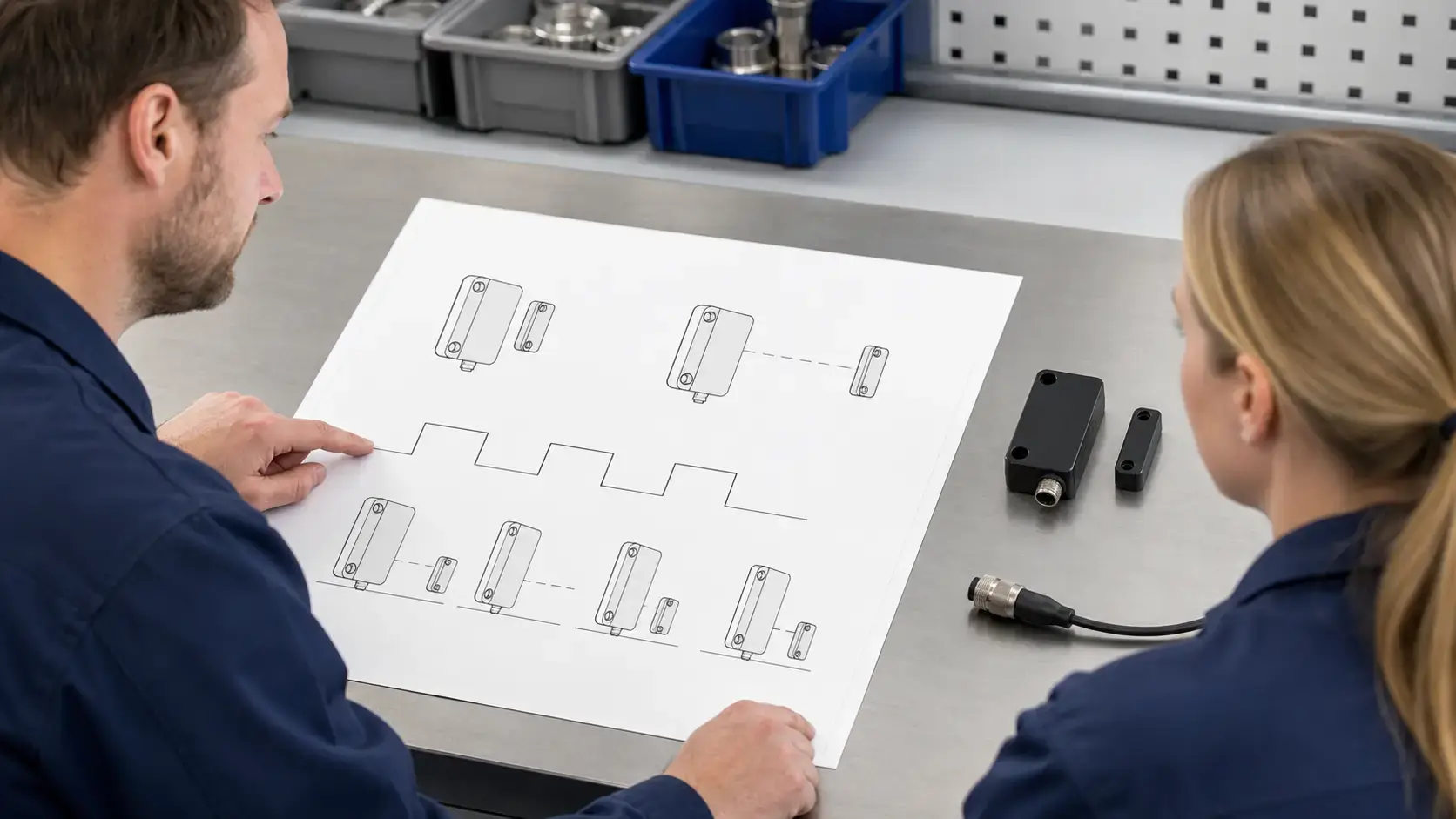 Quality engineers reviewing target states and response timing for a non-contact interlock sensor example