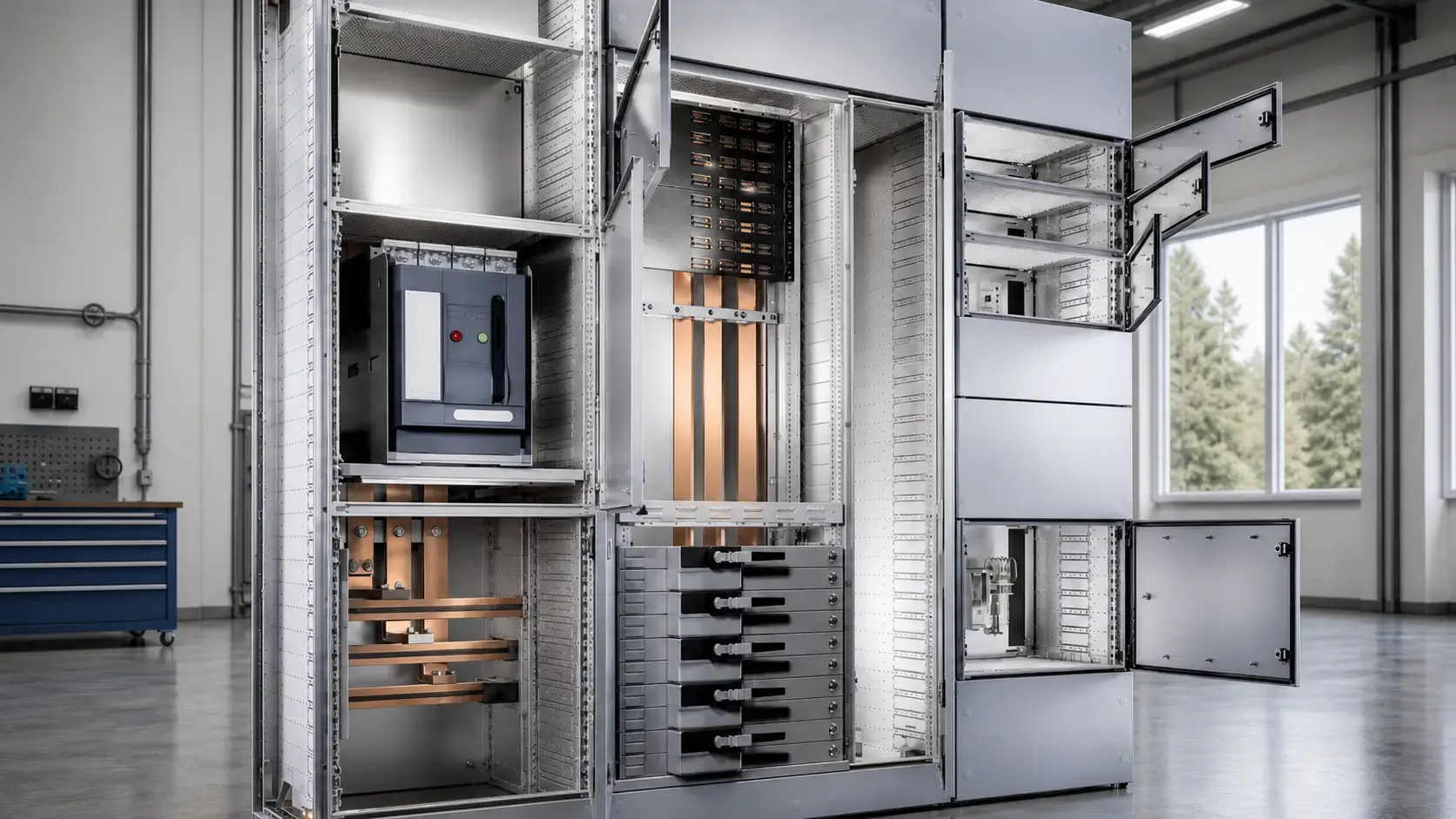 Rittal VX25 Ri4Power switchgear showing circuit breaker, busbar and feeder compartments
