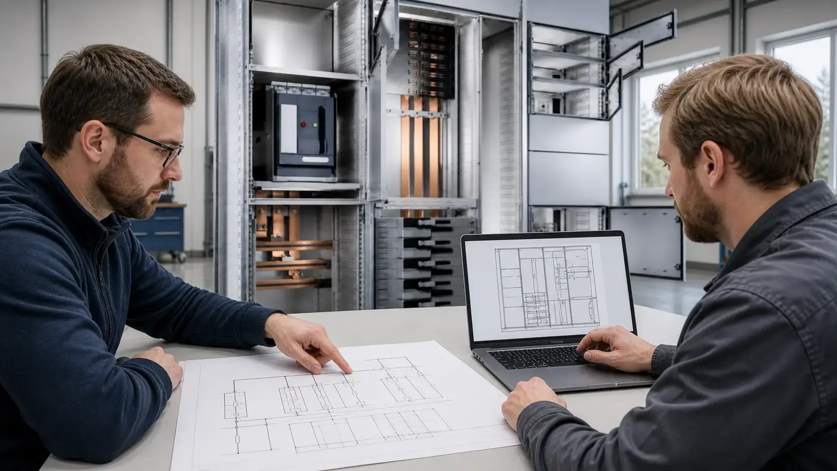 Engineers reviewing drawings for a Rittal VX25 Ri4Power low-voltage switchgear project