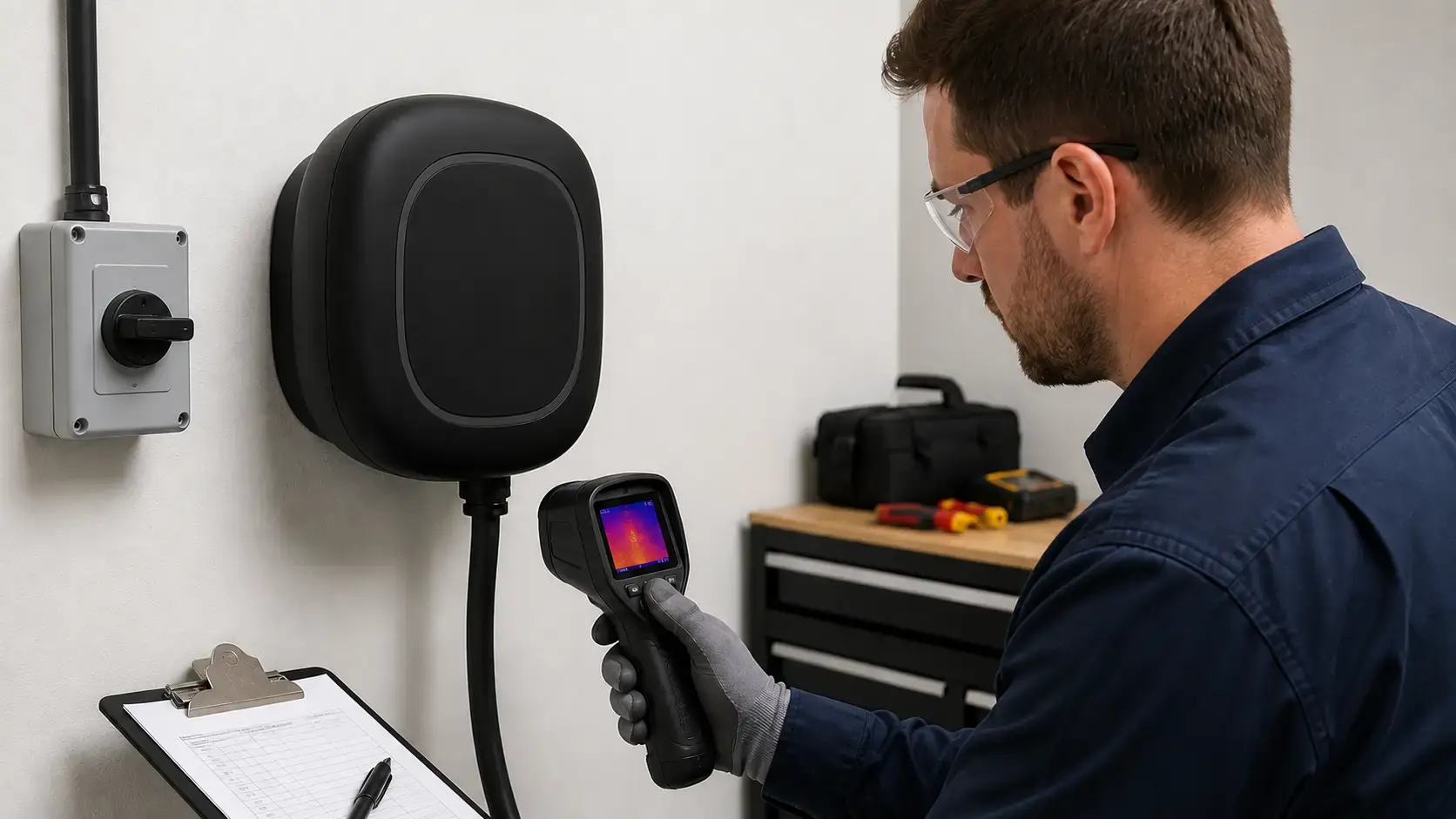 Technician performing a controlled thermal inspection of a Wallbox Pulsar Max EV charger