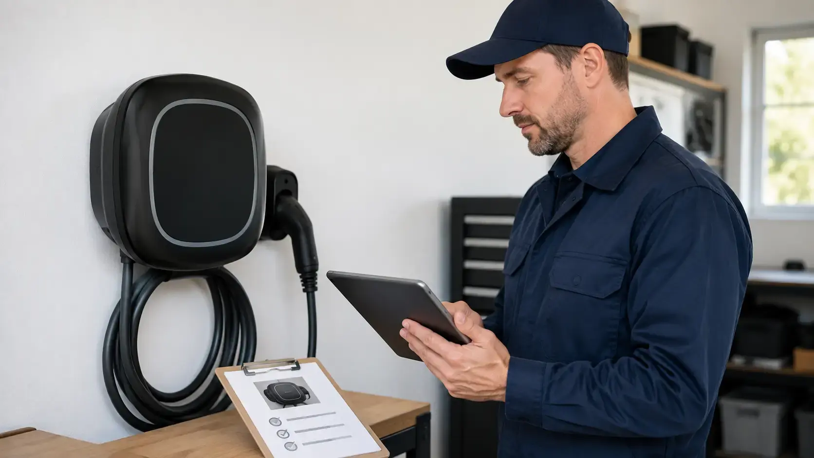 Technician checking Wallbox Pulsar Max software, inspection and service records