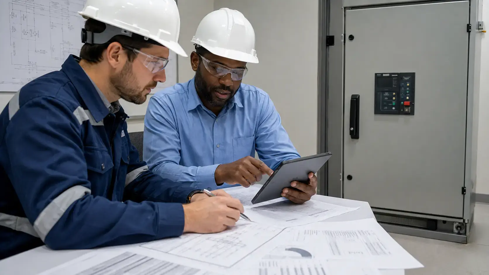 Engineers reviewing voltage, current and source requirements for a multi-voltage transfer switch