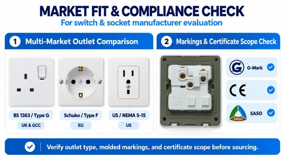 Verifying wall socket standards, certification marks, and market compliance for export