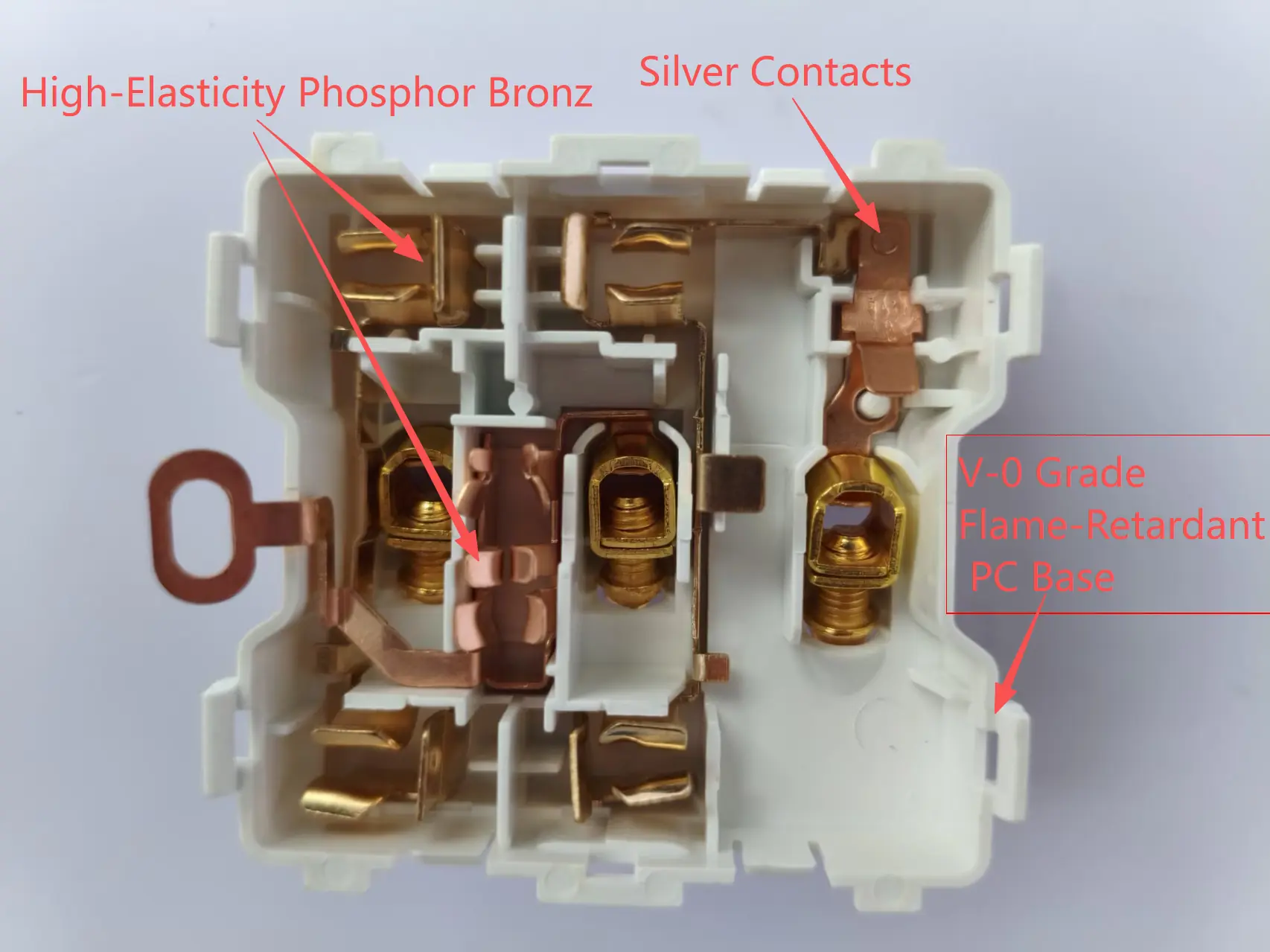 Internal structure of LIBAIK wall switch showing silver alloy contacts and copper conductors
