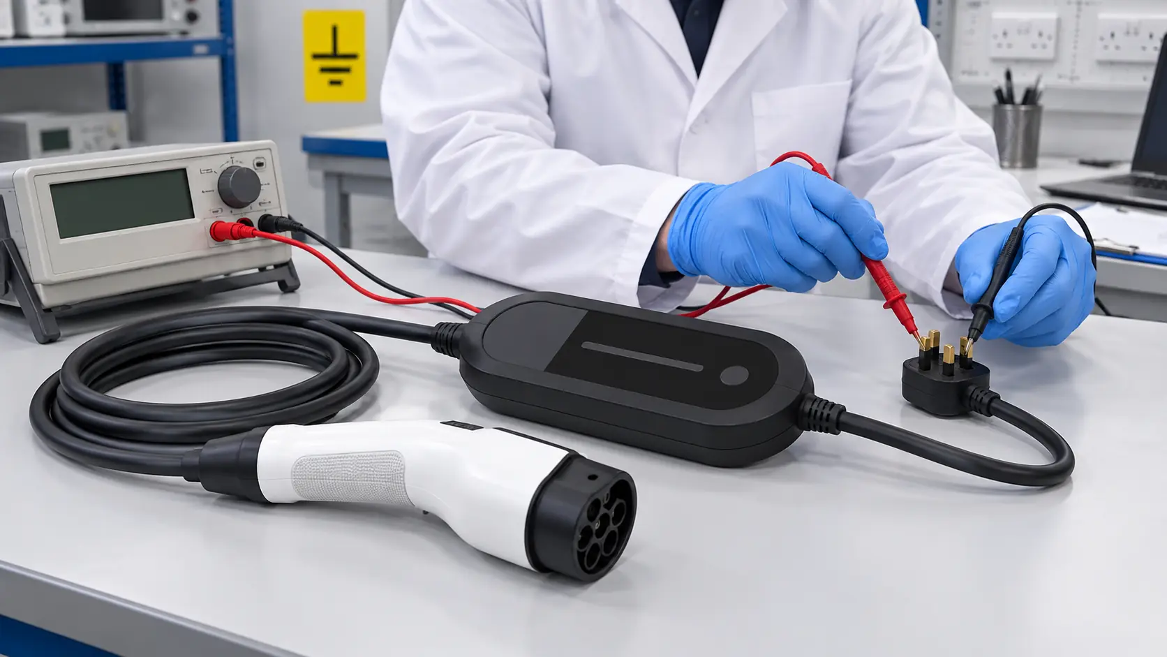 Portable EV charging cable and UK wall plug undergoing a controlled product safety inspection