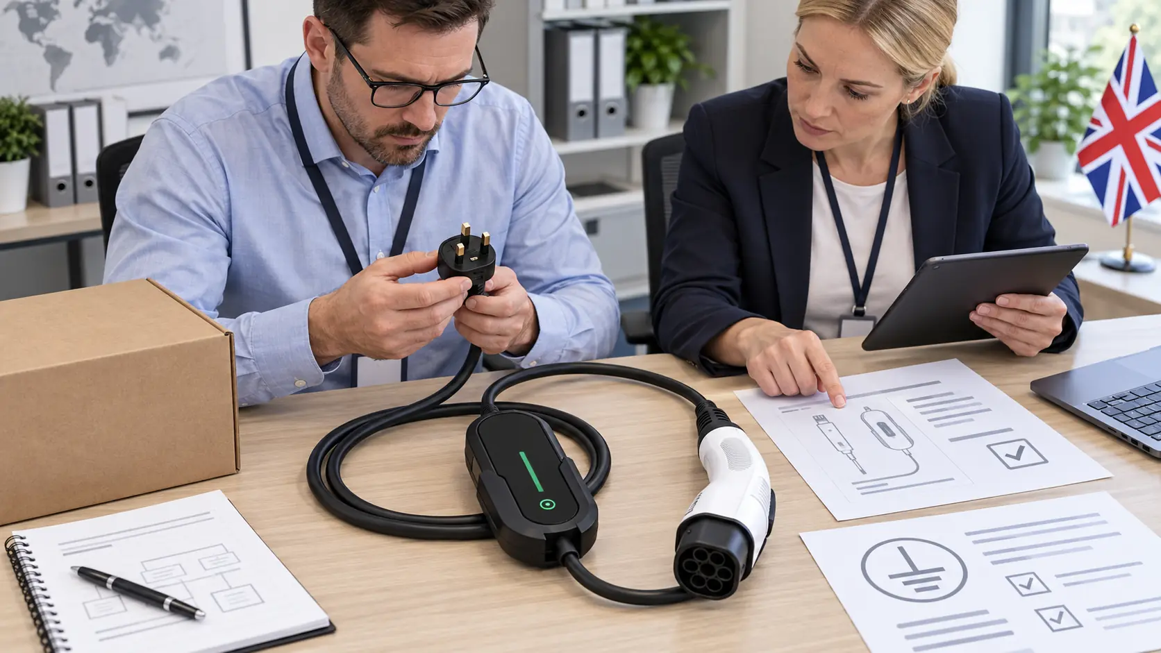 Compliance team checking EV charger model, UK plug and protective earthing documentation