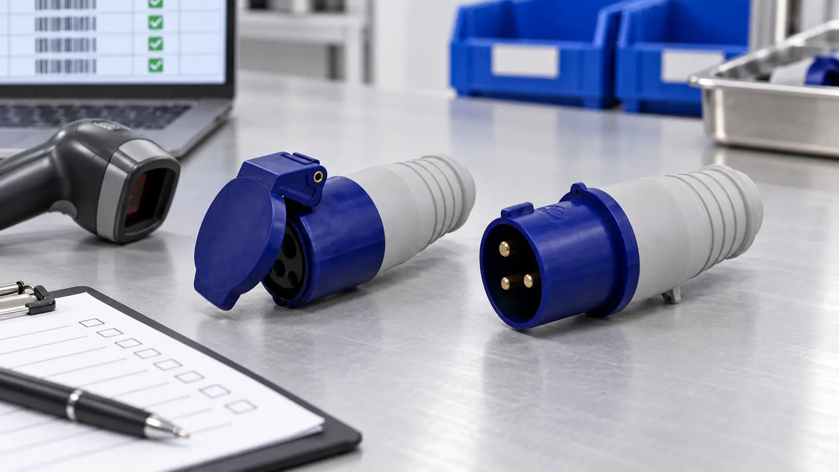 Blue 16A industrial site connector and surface socket prepared for a product identification check