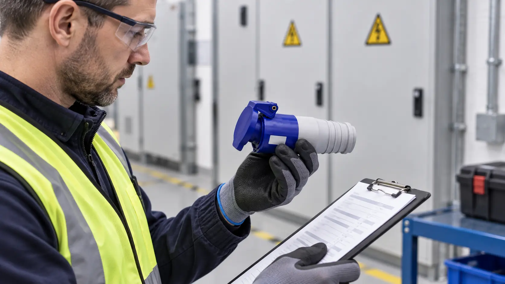 Contractor checking the barcode and batch code on an unplugged blue industrial connector
