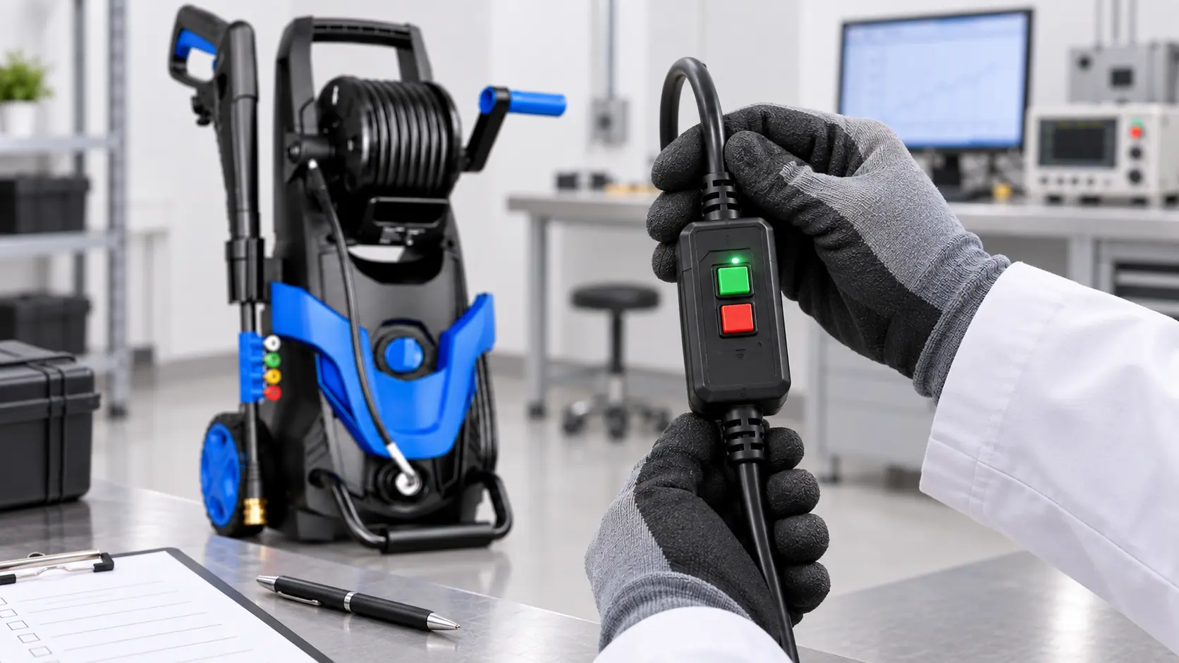 Electric pressure washer with an inline GFCI module prepared for a safety inspection