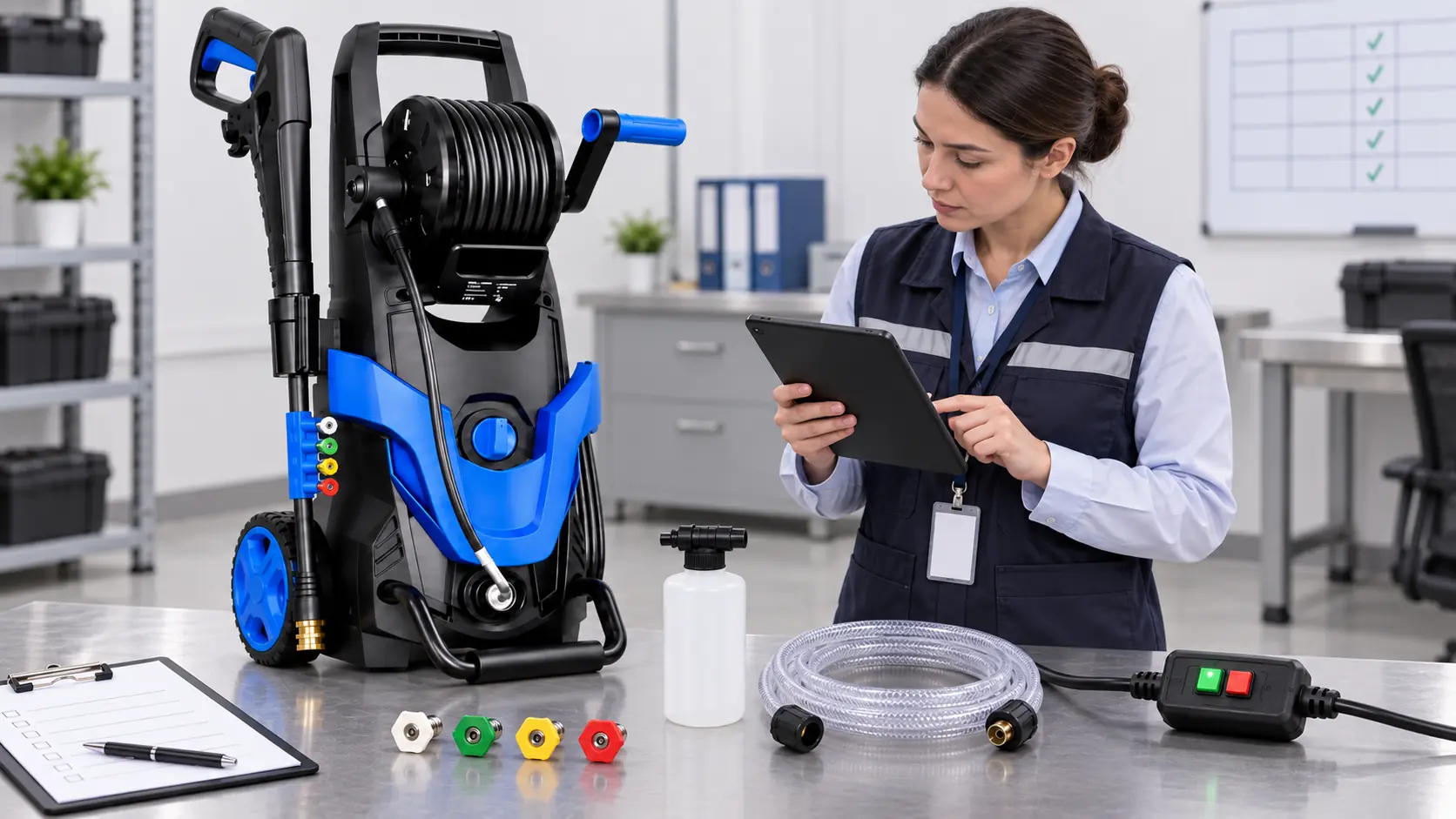 Compliance specialist checking a pressure washer GFCI module and supplied accessories