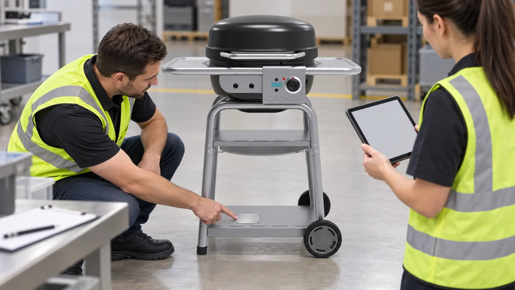Compliance team checking an electric grill model label and manufacturing date code