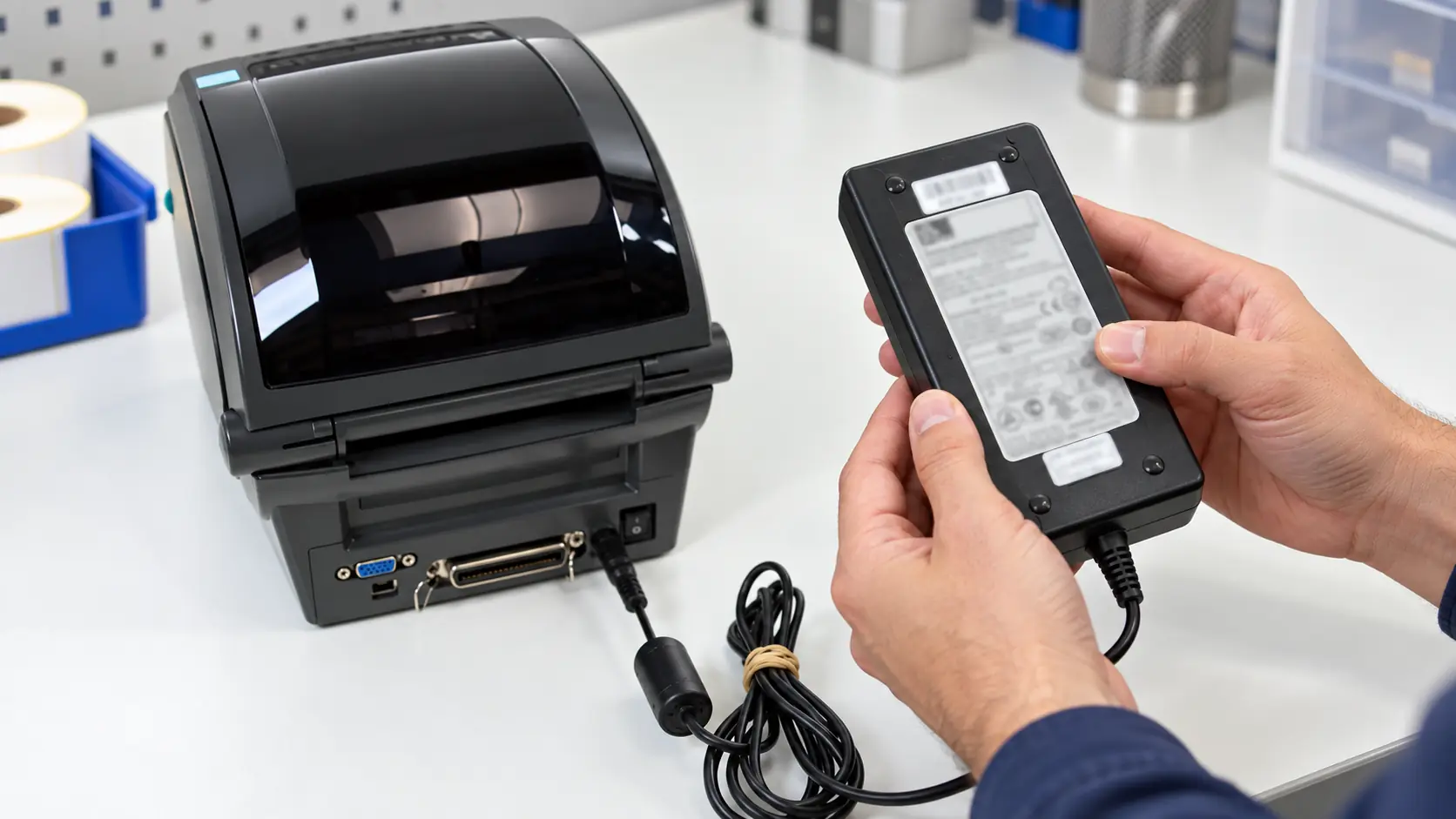 Technician checking the label and date code on a printer power supply unit