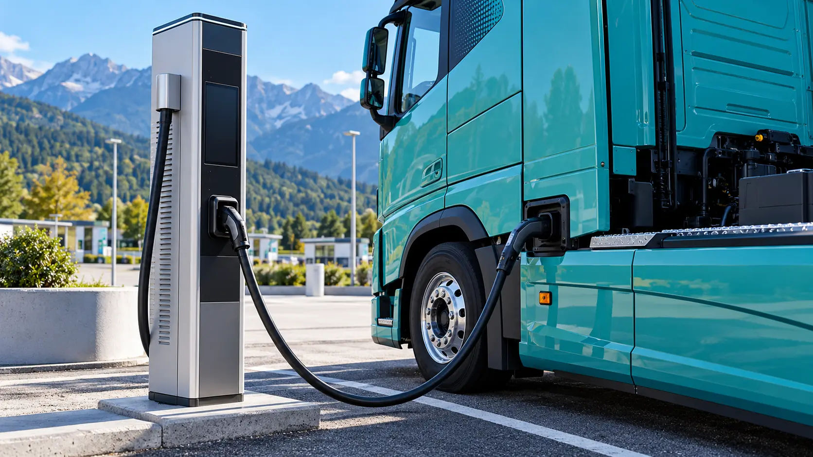 Siemens SICHARGE FLEX high-power charging dispensers serving electric trucks and cars at an Austrian transport corridor site