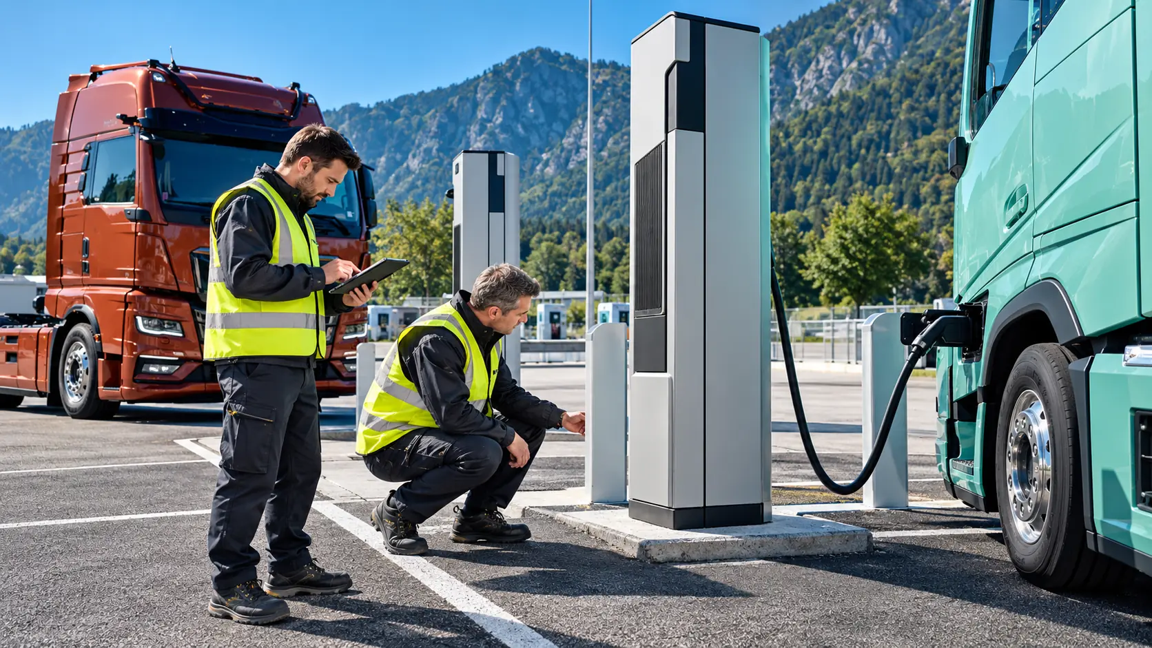 Electrical engineer reviewing modular high-power EV charging cabinets, switchgear and site power distribution plans