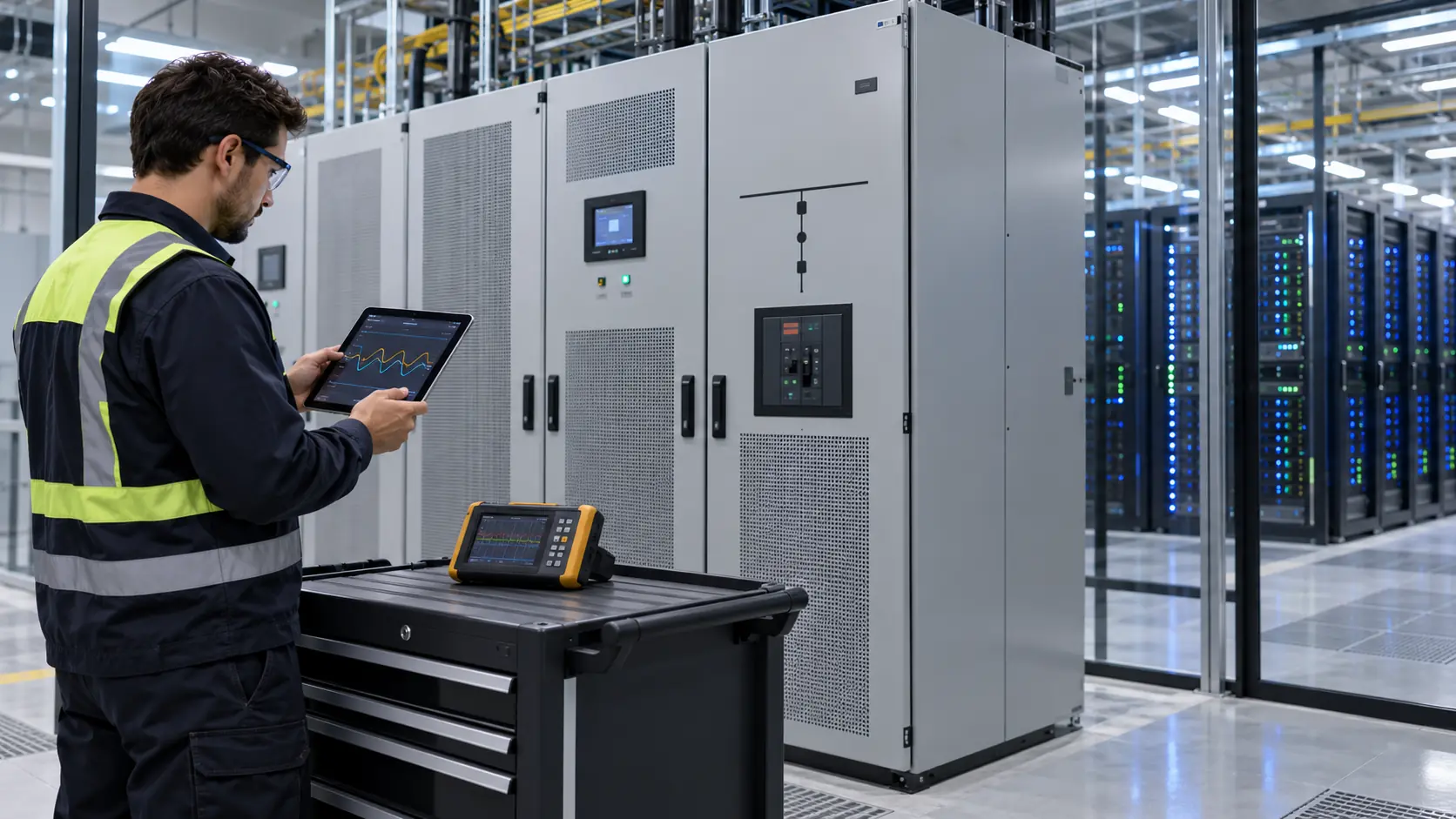 Electrical engineer reviewing fast-response power measurements for a supercapacitor-supported AI server hall