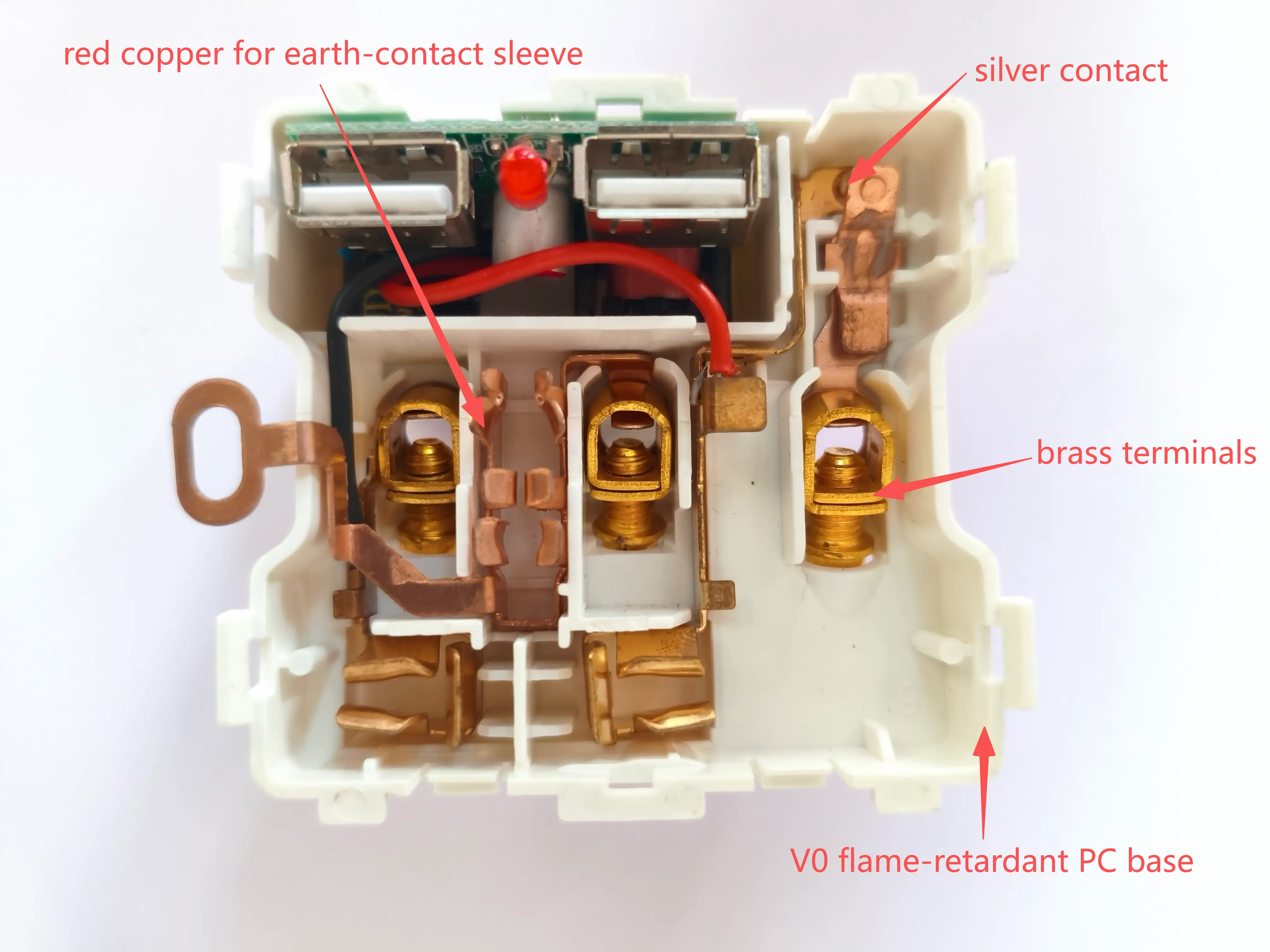 Electrical outlet components showing socket contacts, terminals and insulated housing materials